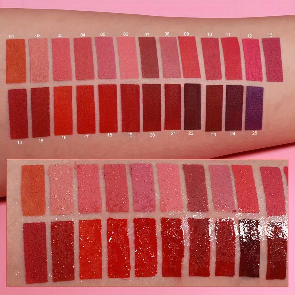 DUNUF 25pcs Matte Lipstick Set, Water-Resistant, Long-Lasting, Non-Fade, Non-Stick Cup, All Skin Types, Adult, Red & Mixed Tones, Matte Finish